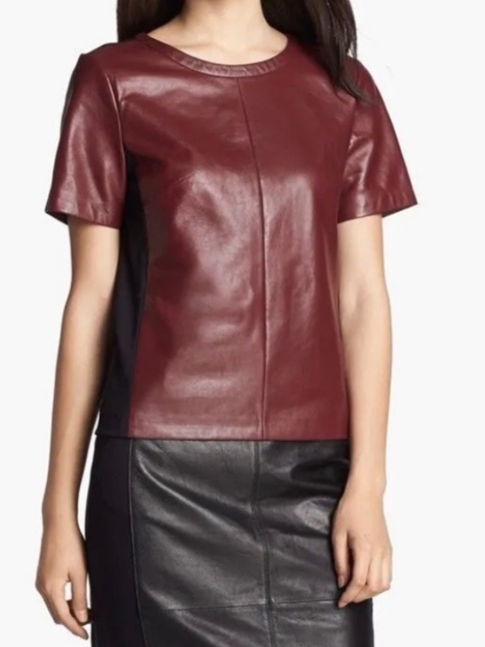 Halogen Crimson Red Roxbury leather and knit short-sleeve top size Medium